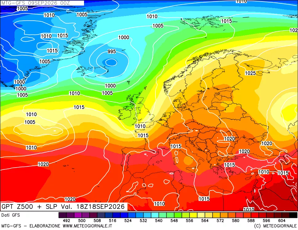 mappa GFS: Geopotenziale a 500 hPa + Pressione sul livello del mare