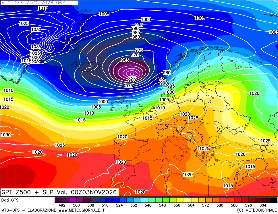 mappa GFS: Geopotenziale a 500 hPa + Pressione sul livello del mare