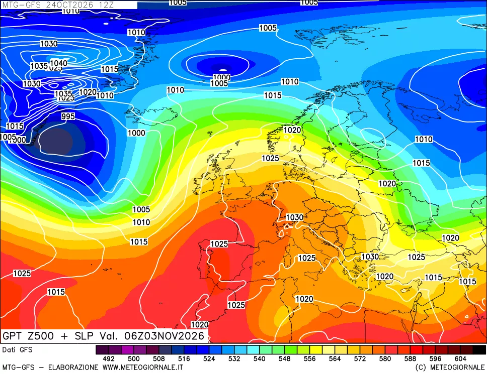 mappa GFS: Geopotenziale a 500 hPa + Pressione sul livello del mare