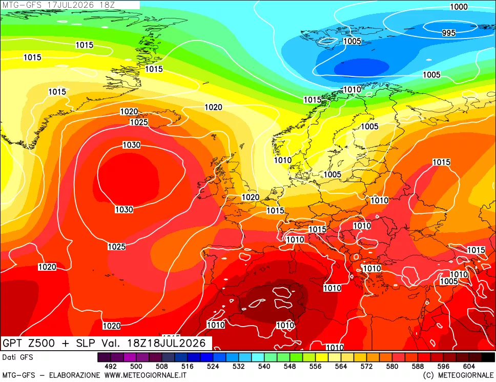 mappa GFS: Geopotenziale a 500 hPa + Pressione sul livello del mare