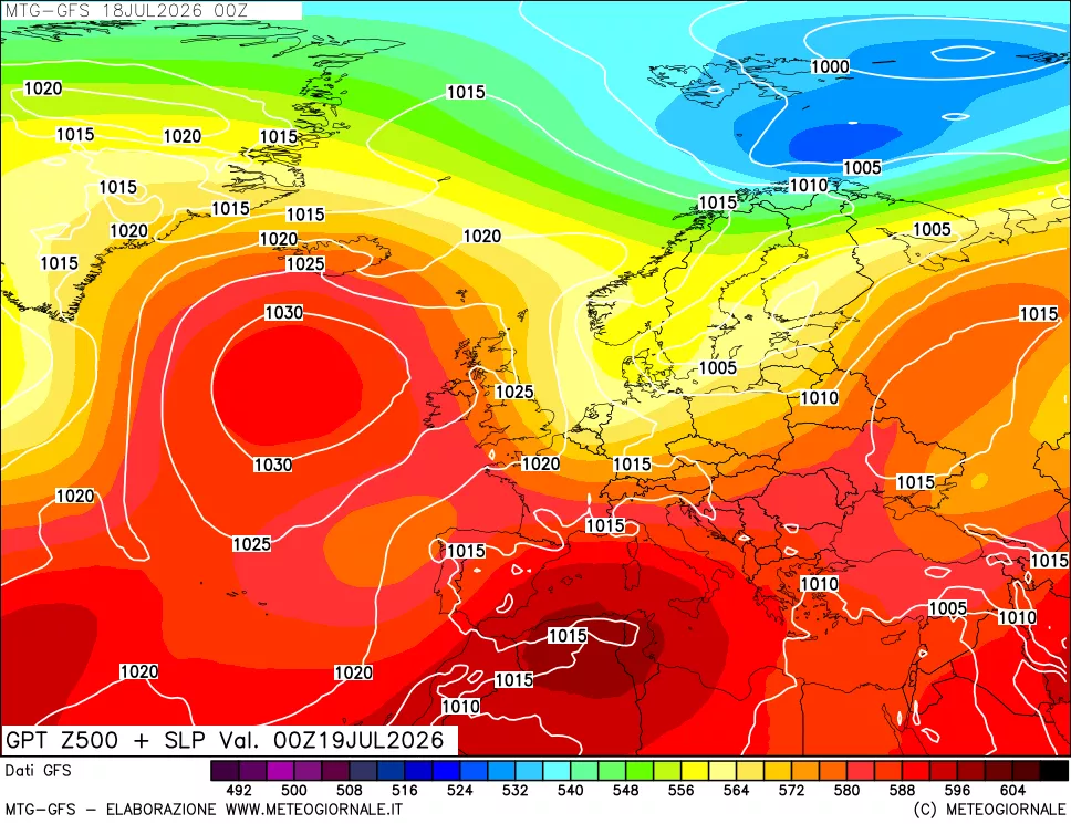 mappa GFS: Geopotenziale a 500 hPa + Pressione sul livello del mare