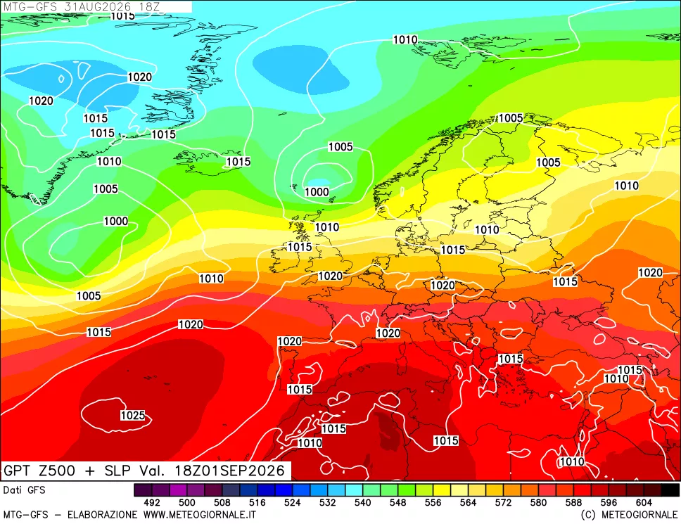 mappa GFS: Geopotenziale a 500 hPa + Pressione sul livello del mare
