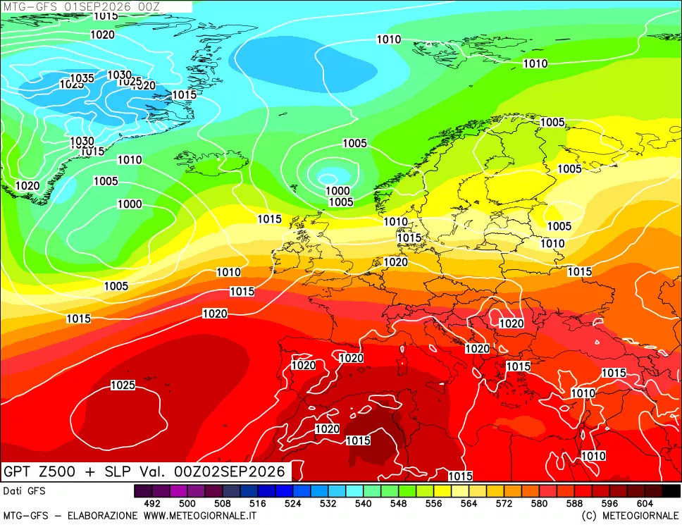 mappa GFS: Geopotenziale a 500 hPa + Pressione sul livello del mare
