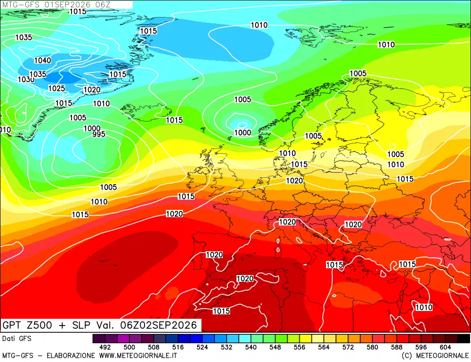 mappa GFS: Geopotenziale a 500 hPa + Pressione sul livello del mare
