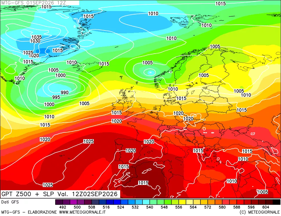 mappa GFS: Geopotenziale a 500 hPa + Pressione sul livello del mare