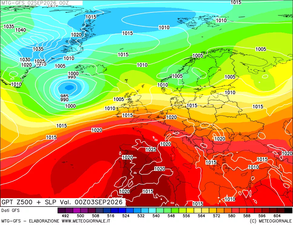 mappa GFS: Geopotenziale a 500 hPa + Pressione sul livello del mare