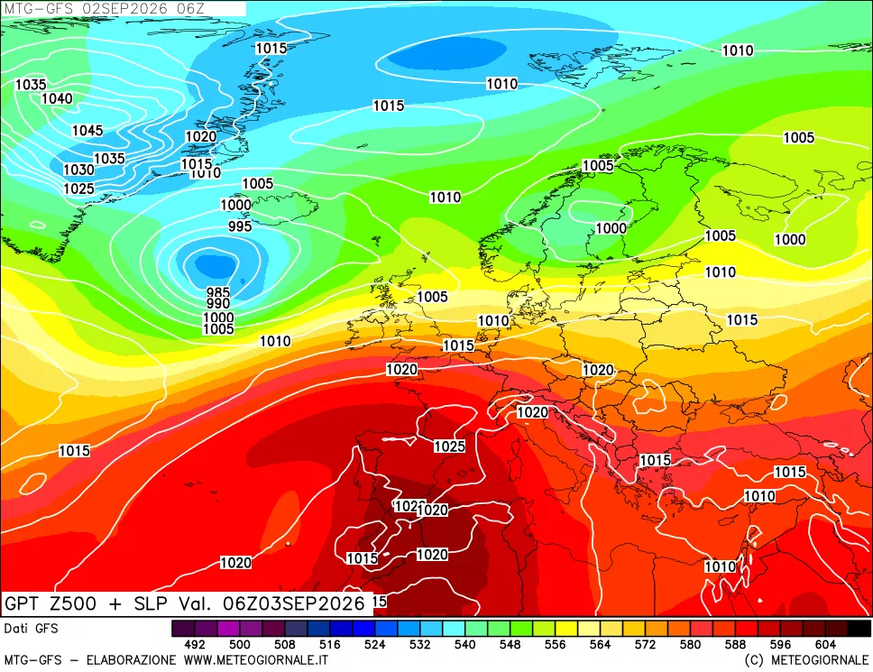 mappa GFS: Geopotenziale a 500 hPa + Pressione sul livello del mare