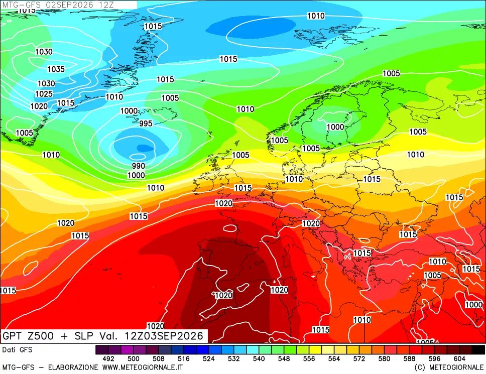 mappa GFS: Geopotenziale a 500 hPa + Pressione sul livello del mare