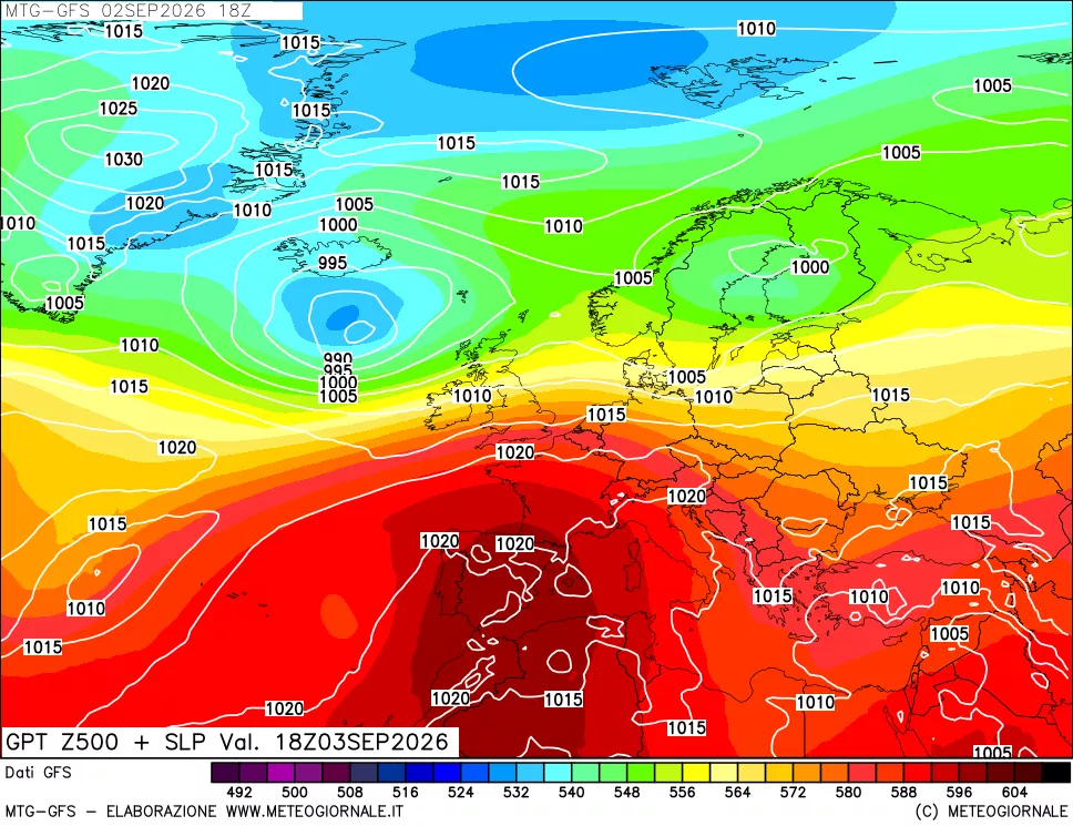 mappa GFS: Geopotenziale a 500 hPa + Pressione sul livello del mare