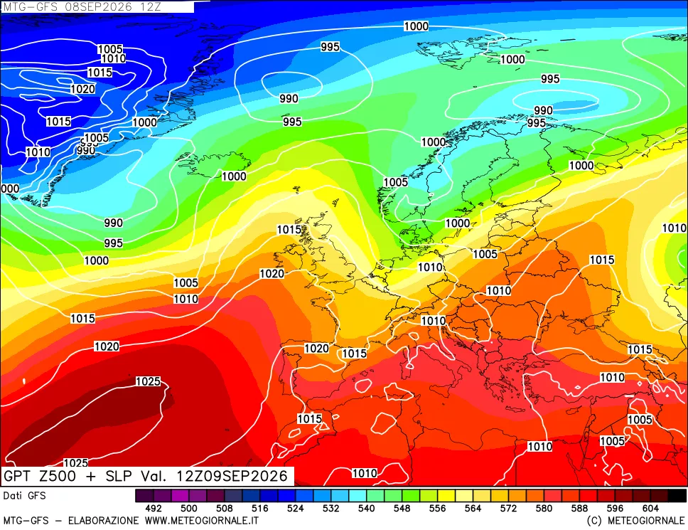 mappa GFS: Geopotenziale a 500 hPa + Pressione sul livello del mare