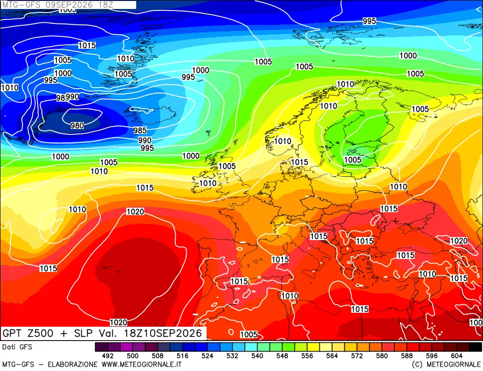 mappa GFS: Geopotenziale a 500 hPa + Pressione sul livello del mare