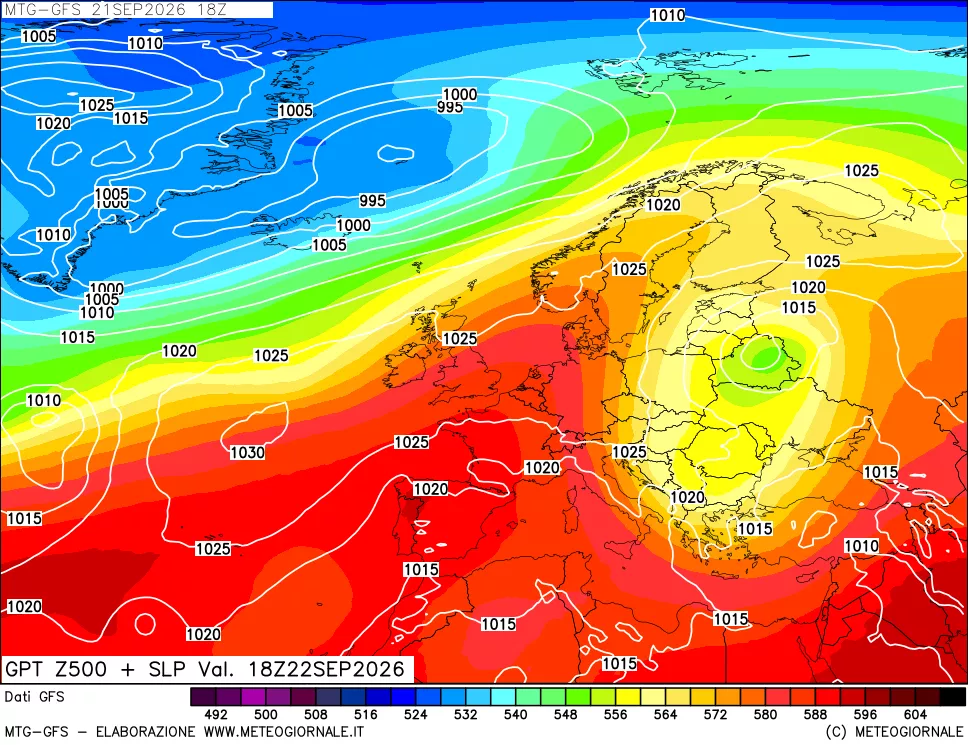 mappa GFS: Geopotenziale a 500 hPa + Pressione sul livello del mare