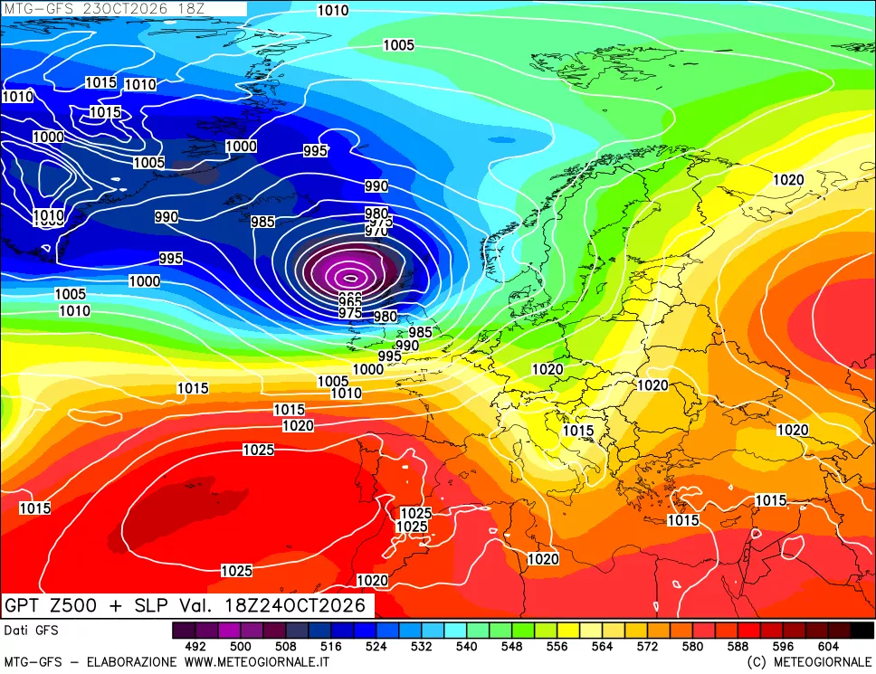mappa GFS: Geopotenziale a 500 hPa + Pressione sul livello del mare