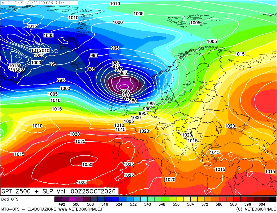mappa GFS: Geopotenziale a 500 hPa + Pressione sul livello del mare
