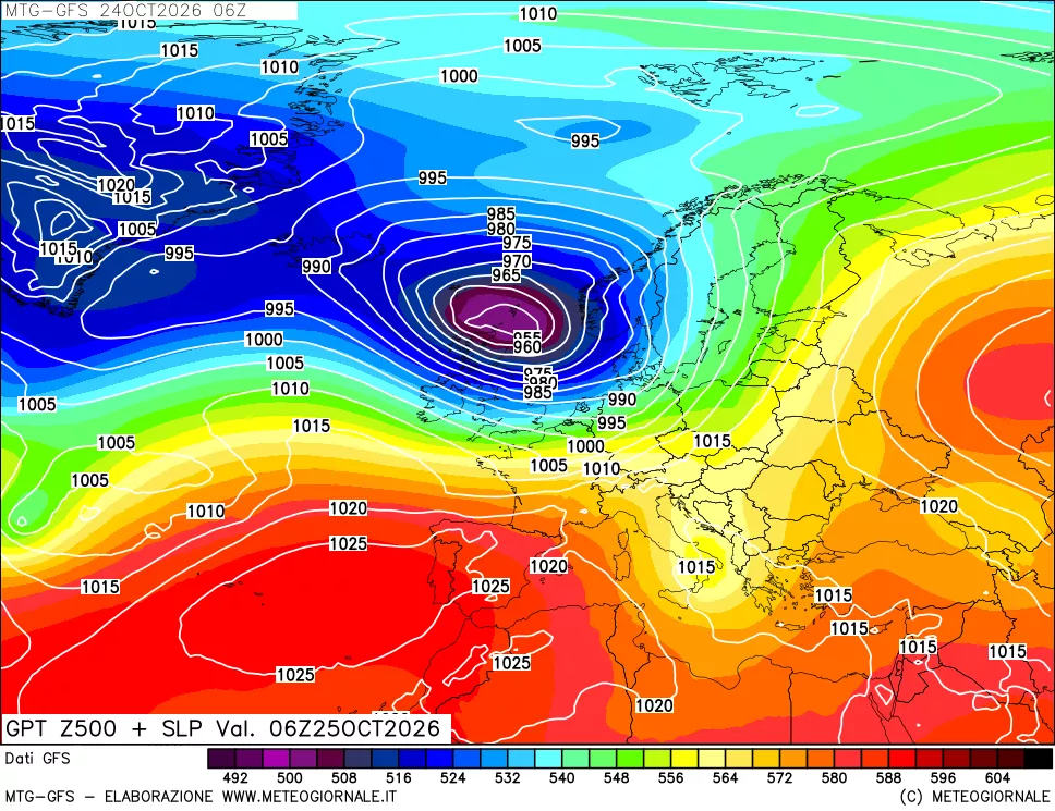mappa GFS: Geopotenziale a 500 hPa + Pressione sul livello del mare