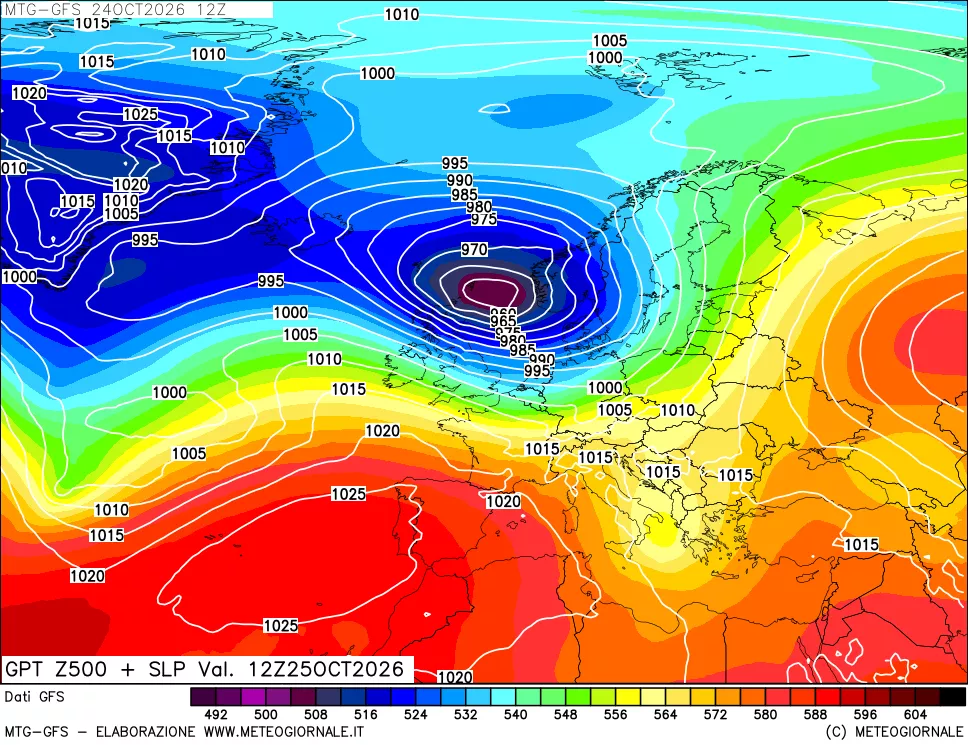 mappa GFS: Geopotenziale a 500 hPa + Pressione sul livello del mare