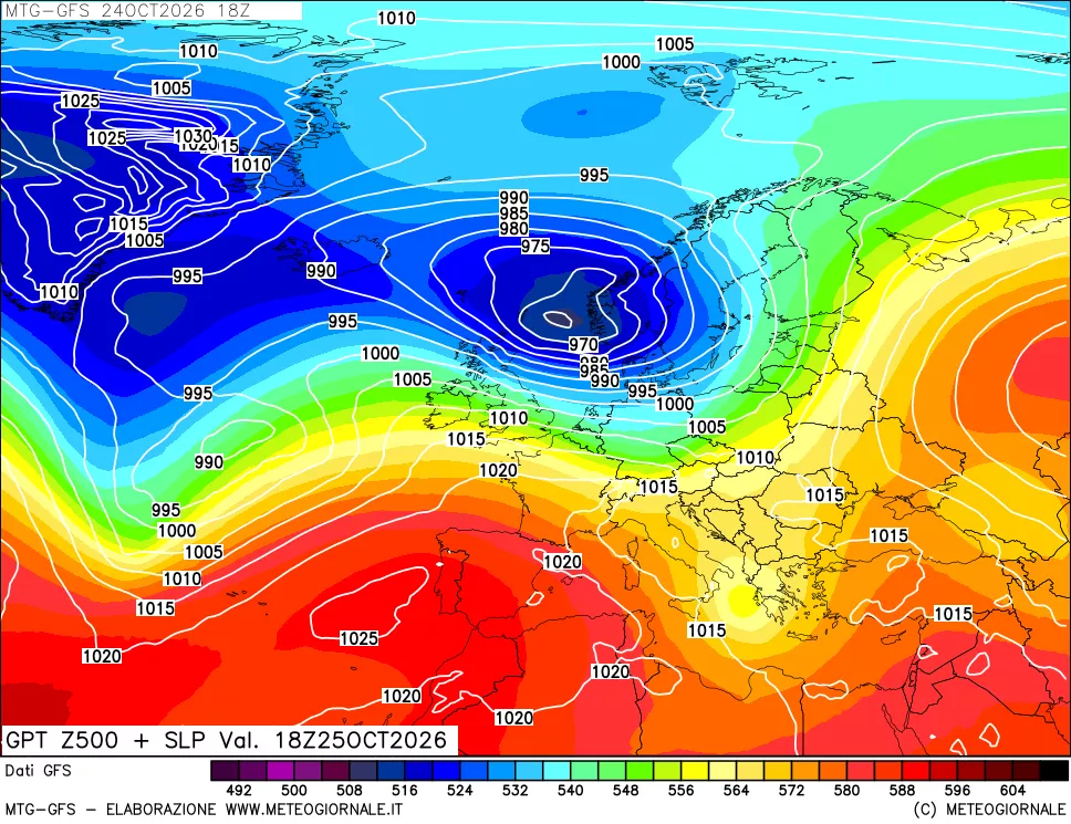 mappa GFS: Geopotenziale a 500 hPa + Pressione sul livello del mare