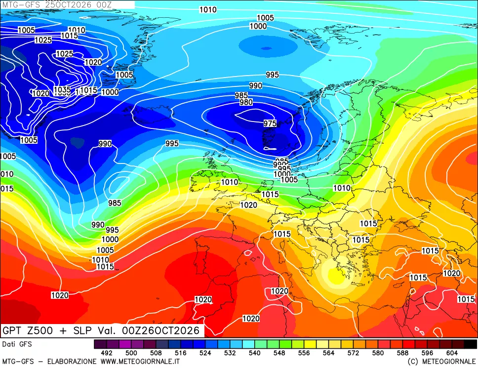 mappa GFS: Geopotenziale a 500 hPa + Pressione sul livello del mare