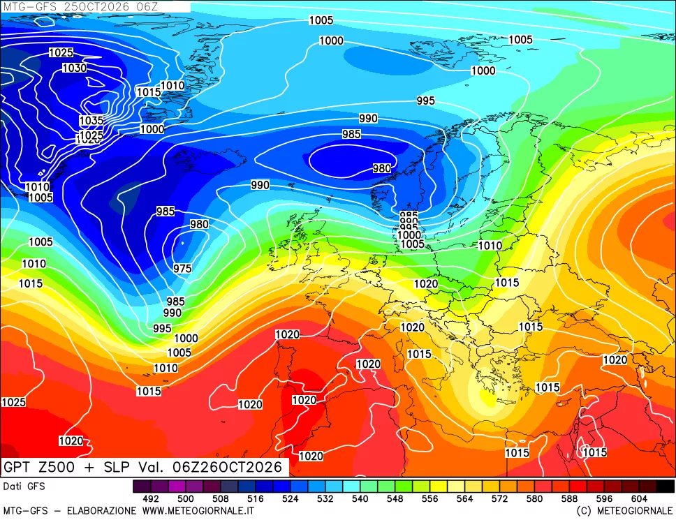 mappa GFS: Geopotenziale a 500 hPa + Pressione sul livello del mare