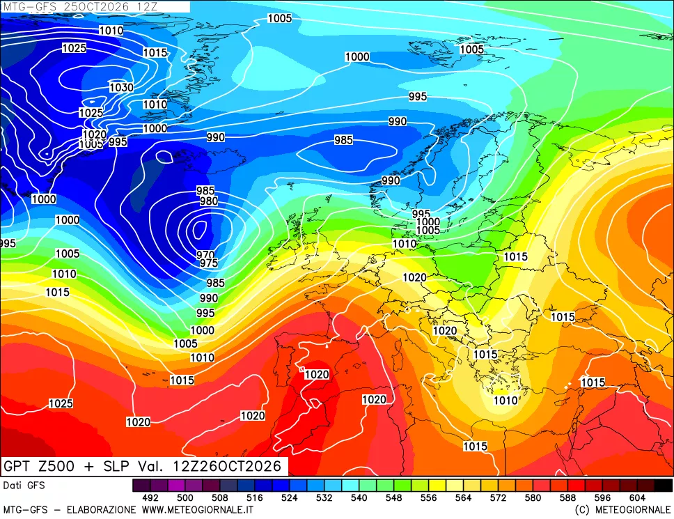 mappa GFS: Geopotenziale a 500 hPa + Pressione sul livello del mare