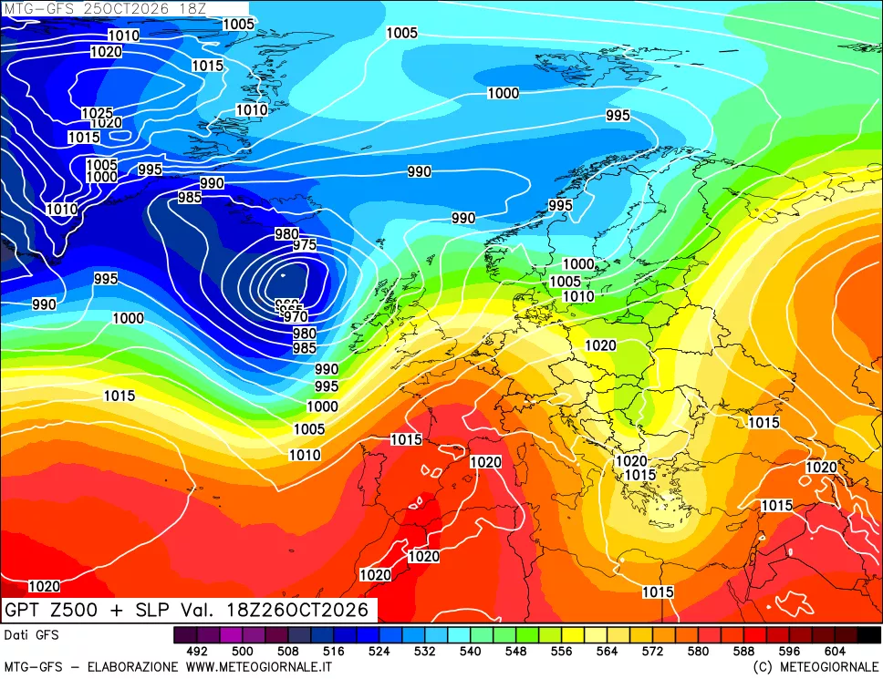 mappa GFS: Geopotenziale a 500 hPa + Pressione sul livello del mare
