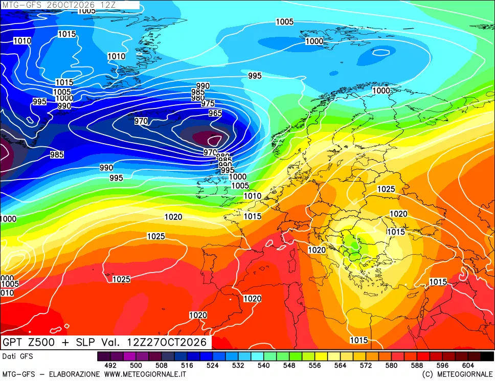 mappa GFS: Geopotenziale a 500 hPa + Pressione sul livello del mare