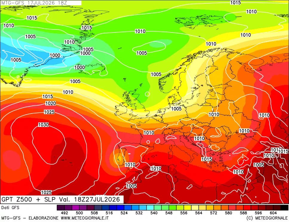 mappa GFS: Geopotenziale a 500 hPa + Pressione sul livello del mare