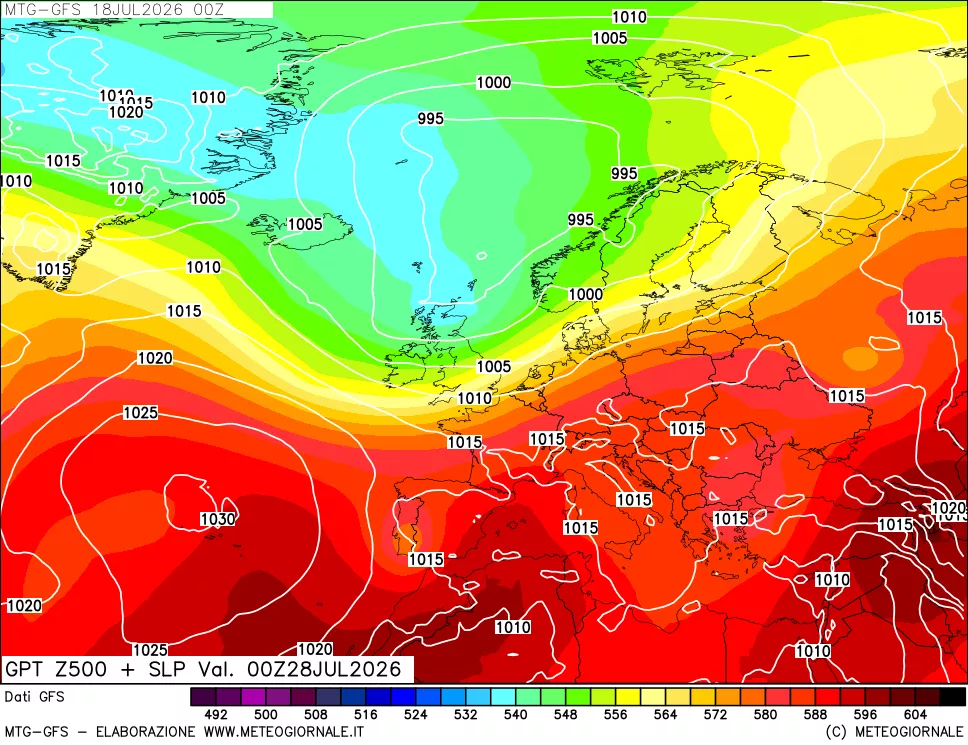 mappa GFS: Geopotenziale a 500 hPa + Pressione sul livello del mare