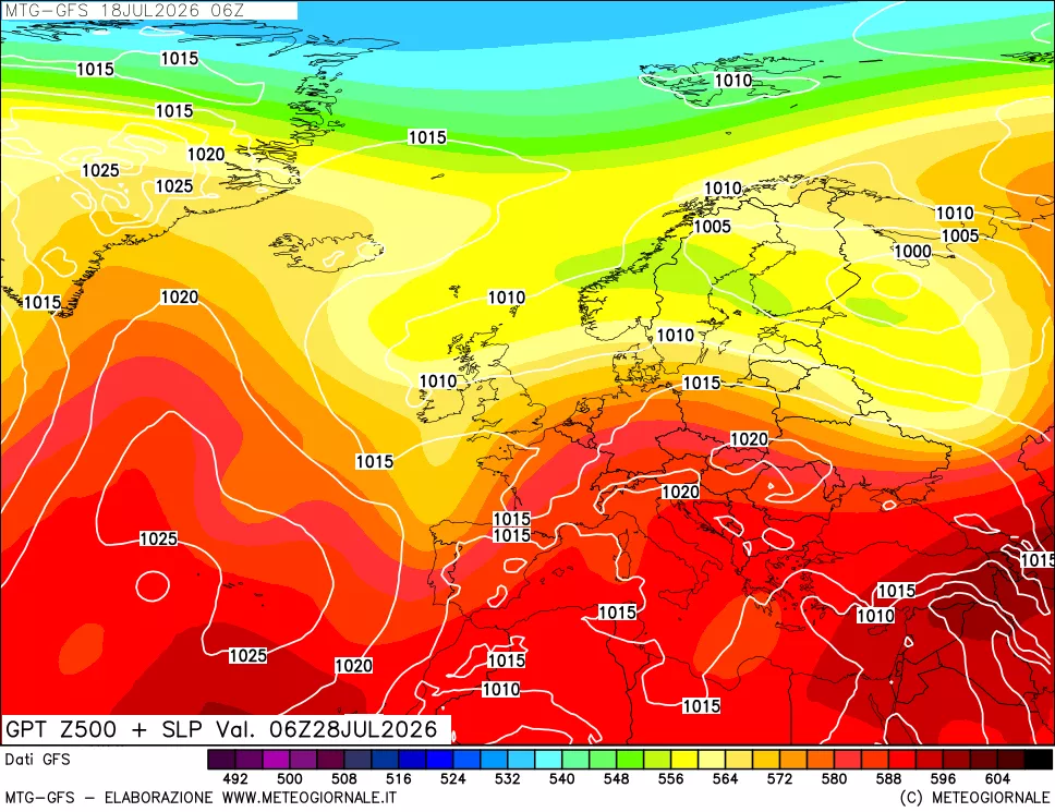 mappa GFS: Geopotenziale a 500 hPa + Pressione sul livello del mare