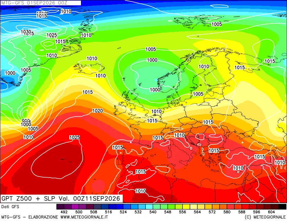 mappa GFS: Geopotenziale a 500 hPa + Pressione sul livello del mare