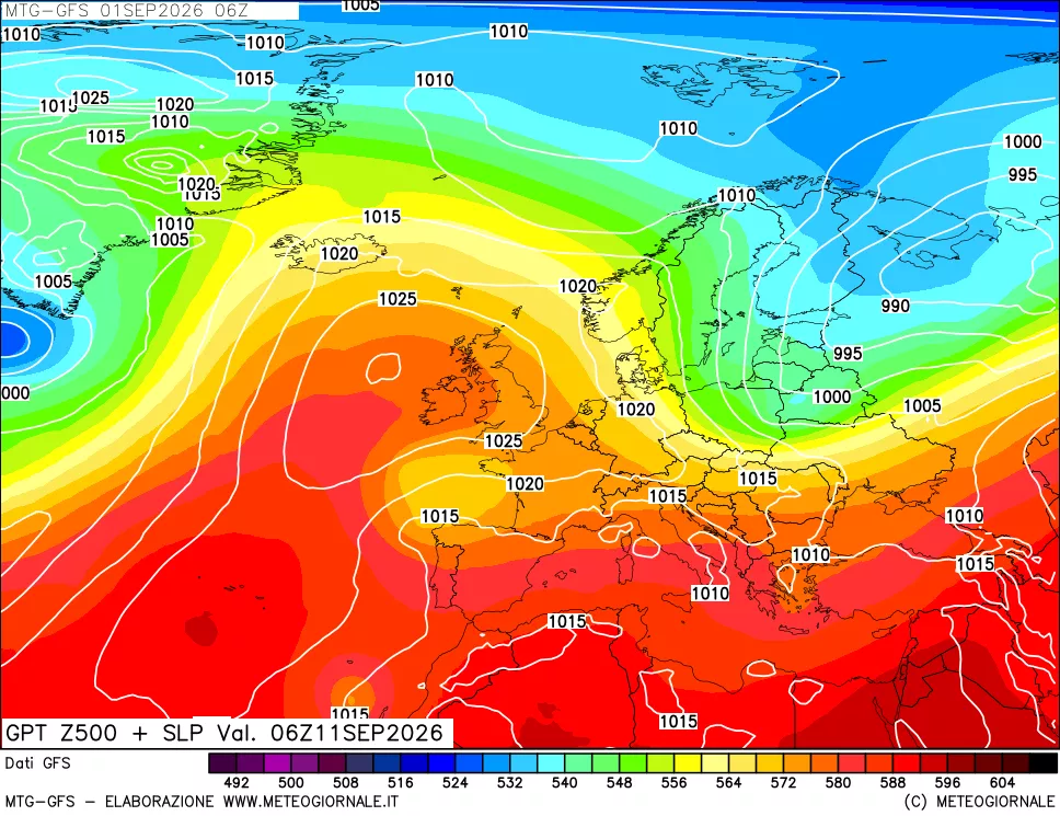 mappa GFS: Geopotenziale a 500 hPa + Pressione sul livello del mare
