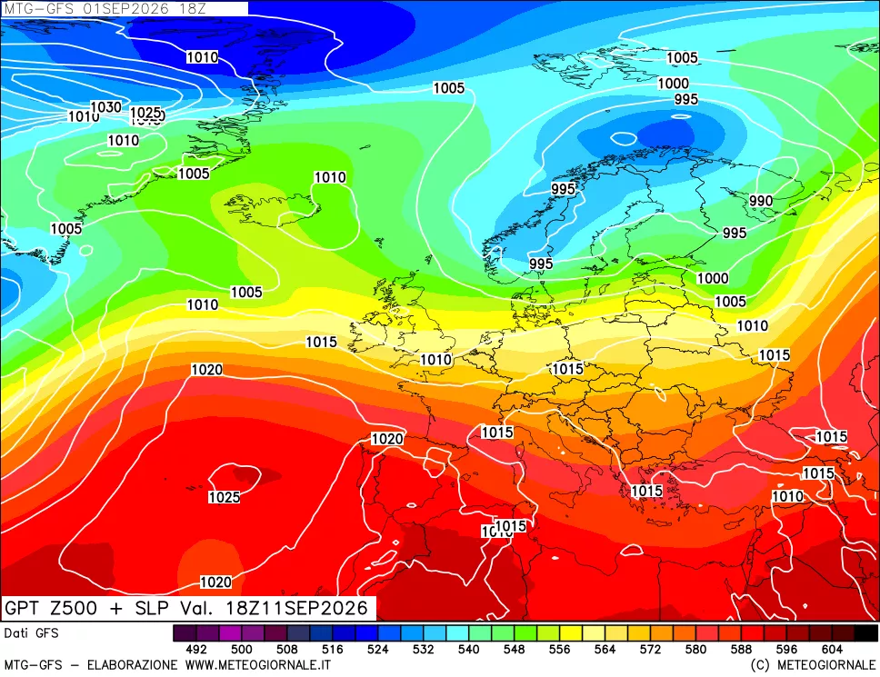 mappa GFS: Geopotenziale a 500 hPa + Pressione sul livello del mare