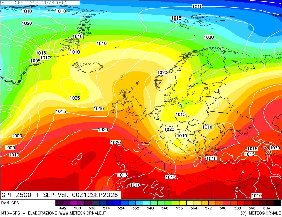 mappa GFS: Geopotenziale a 500 hPa + Pressione sul livello del mare