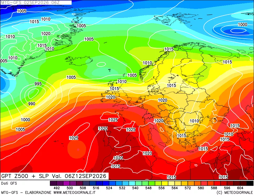 mappa GFS: Geopotenziale a 500 hPa + Pressione sul livello del mare