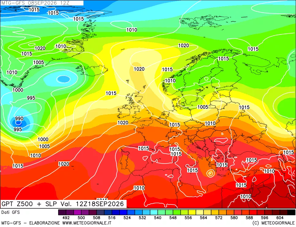 mappa GFS: Geopotenziale a 500 hPa + Pressione sul livello del mare