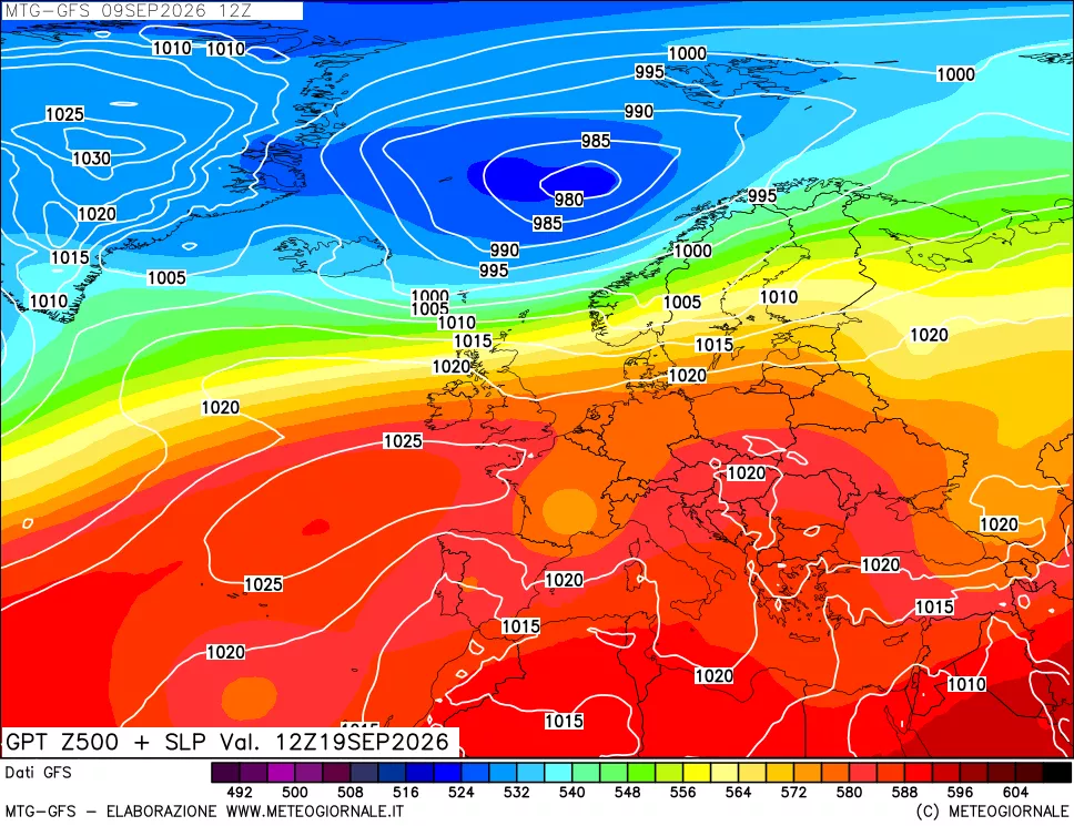 mappa GFS: Geopotenziale a 500 hPa + Pressione sul livello del mare