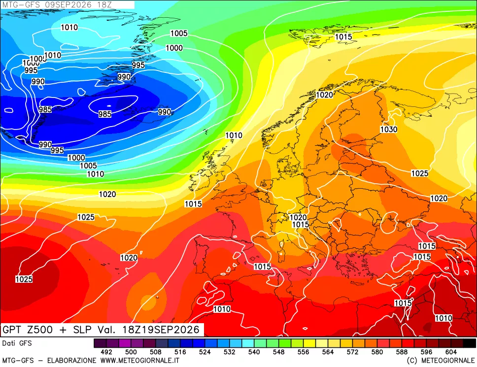 mappa GFS: Geopotenziale a 500 hPa + Pressione sul livello del mare