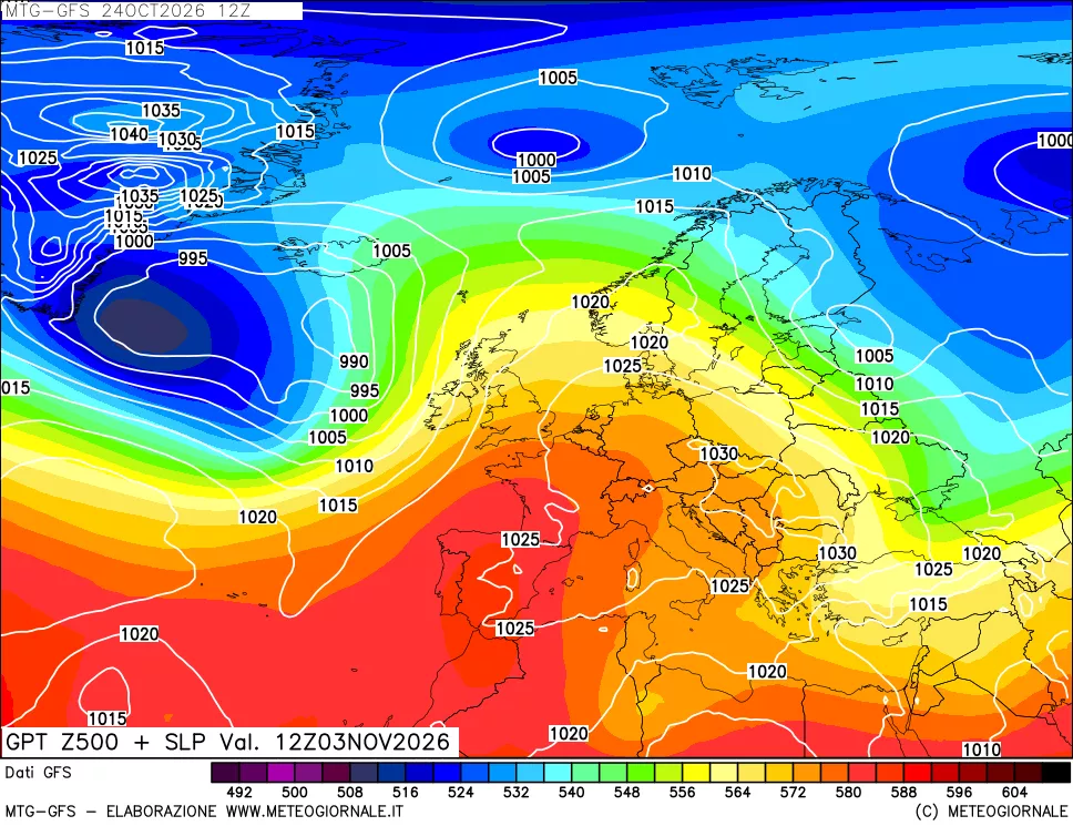 mappa GFS: Geopotenziale a 500 hPa + Pressione sul livello del mare