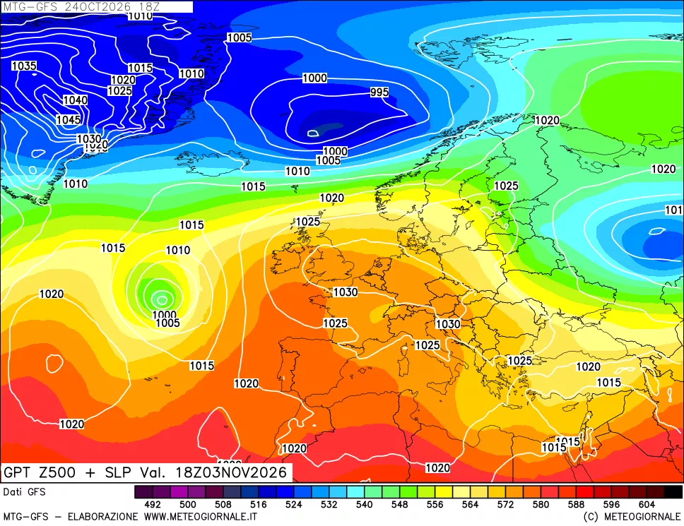 mappa GFS: Geopotenziale a 500 hPa + Pressione sul livello del mare