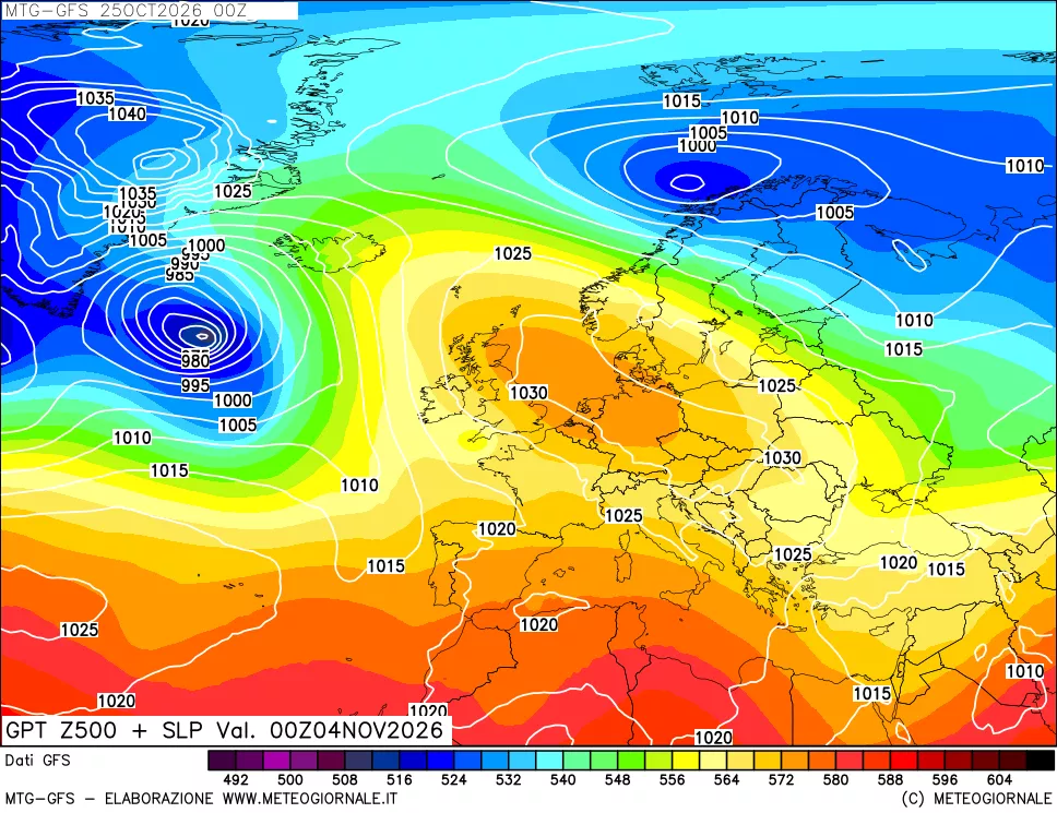 mappa GFS: Geopotenziale a 500 hPa + Pressione sul livello del mare