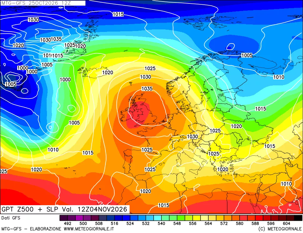 mappa GFS: Geopotenziale a 500 hPa + Pressione sul livello del mare