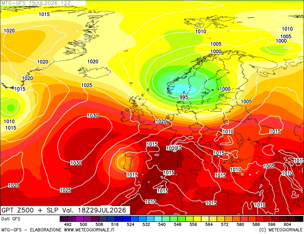 mappa GFS: Geopotenziale a 500 hPa + Pressione sul livello del mare