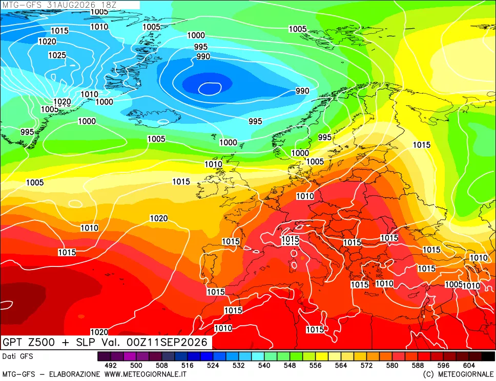 mappa GFS: Geopotenziale a 500 hPa + Pressione sul livello del mare