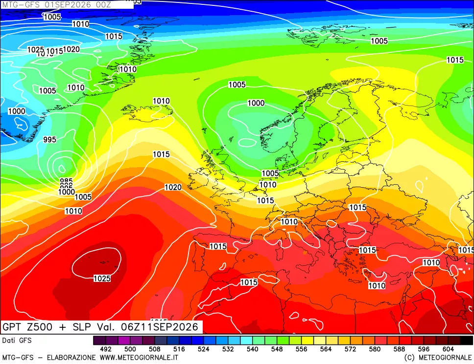 mappa GFS: Geopotenziale a 500 hPa + Pressione sul livello del mare