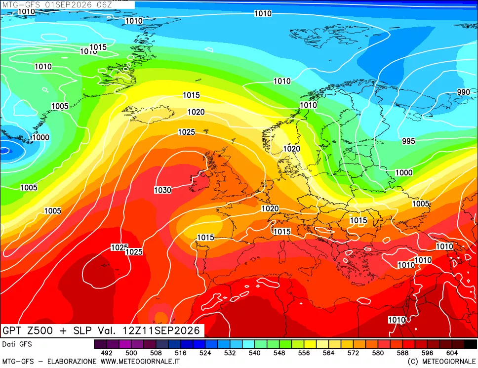 mappa GFS: Geopotenziale a 500 hPa + Pressione sul livello del mare