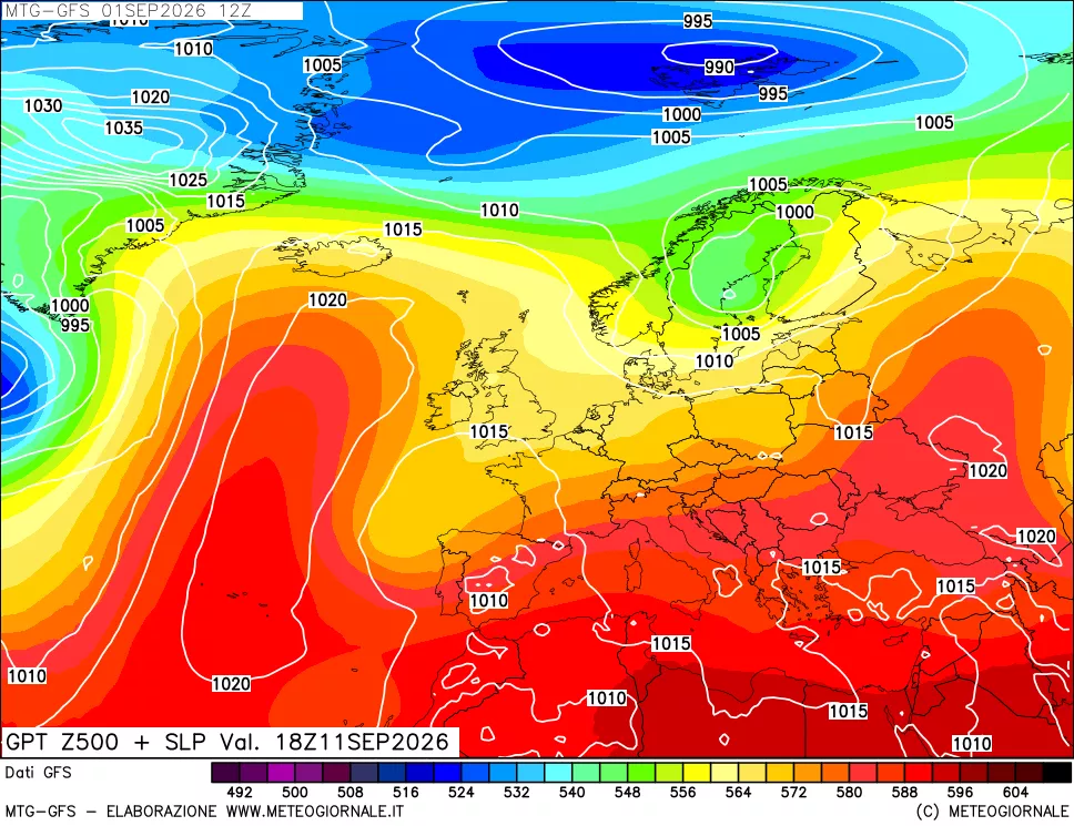 mappa GFS: Geopotenziale a 500 hPa + Pressione sul livello del mare