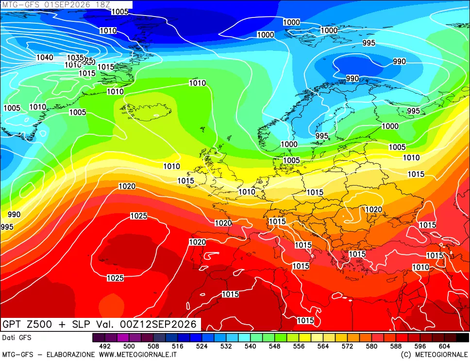 mappa GFS: Geopotenziale a 500 hPa + Pressione sul livello del mare
