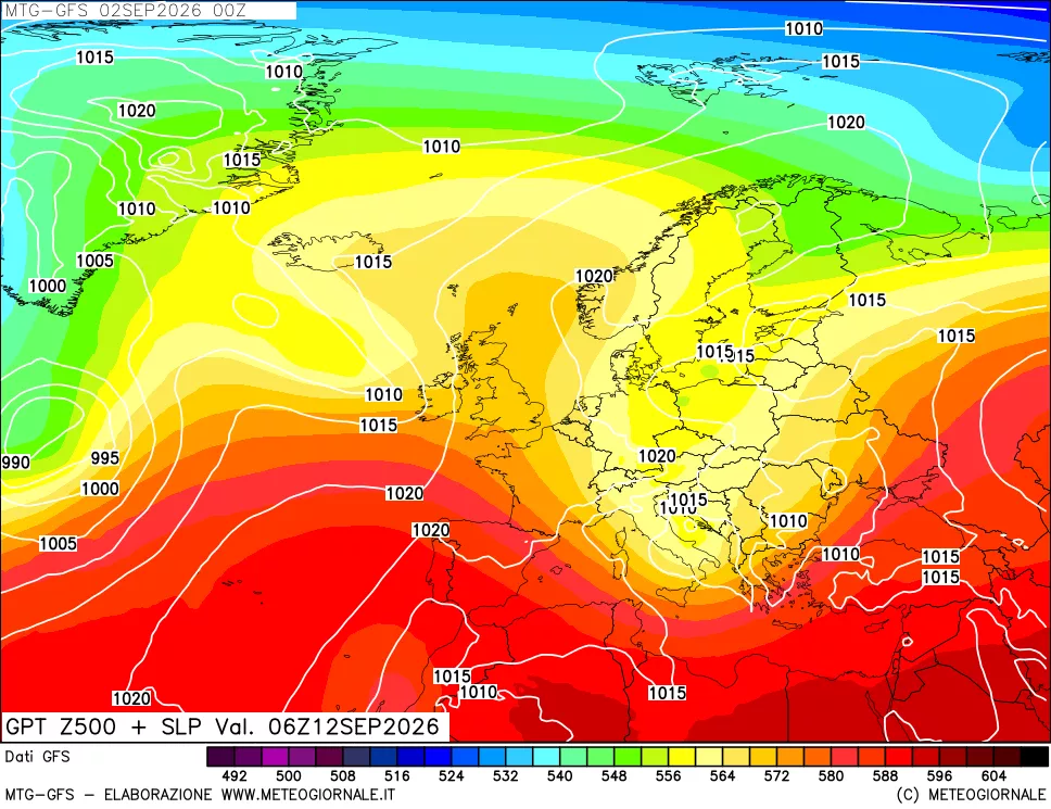 mappa GFS: Geopotenziale a 500 hPa + Pressione sul livello del mare