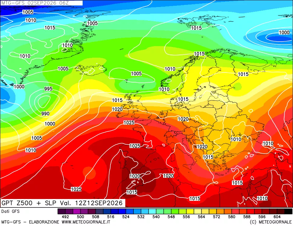 mappa GFS: Geopotenziale a 500 hPa + Pressione sul livello del mare