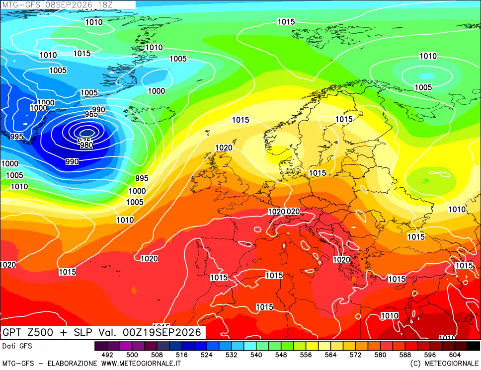 mappa GFS: Geopotenziale a 500 hPa + Pressione sul livello del mare